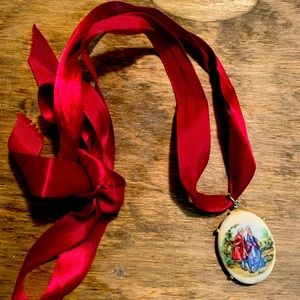 Vintage Enamel Painted Necklace Pendant With Classic Scene Red Ribbon Necklace